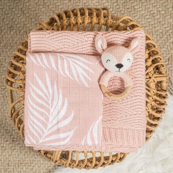 Hochet anneau de dentition Biche en tricot Rose pâle - Jollein