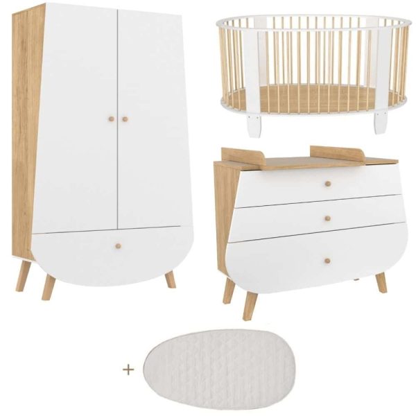 chambre complète lit cocon 60x120 commode à langer armoire trapèze blanc & hêtre songes & rigolades