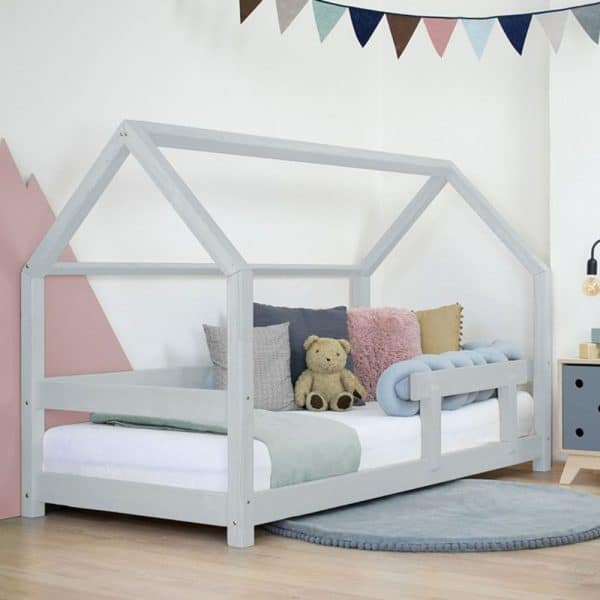lit junior cabane tery gris avec barrière 90 x 200 cm – benlemi